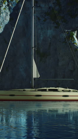 a sailboat anchored in a calm bay, with cliffs and mountains in the background