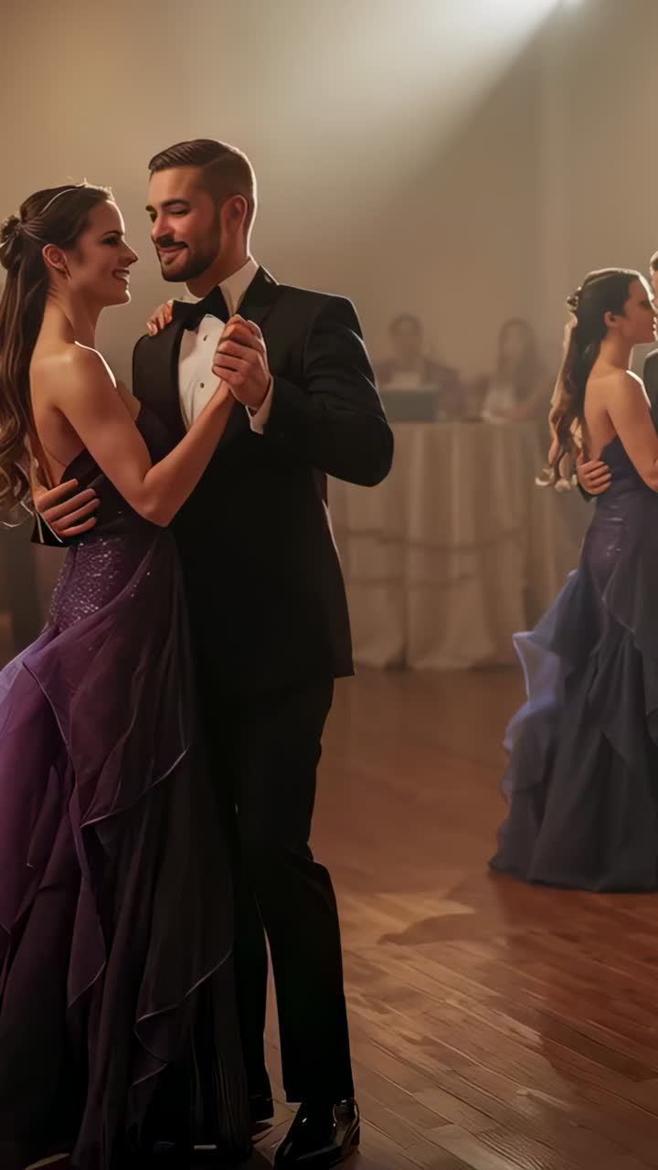 Video verticale: zoom della fotocamera, coppia che balla e si avvicina durante un gala, lui in smoking e lei con un abito viola
