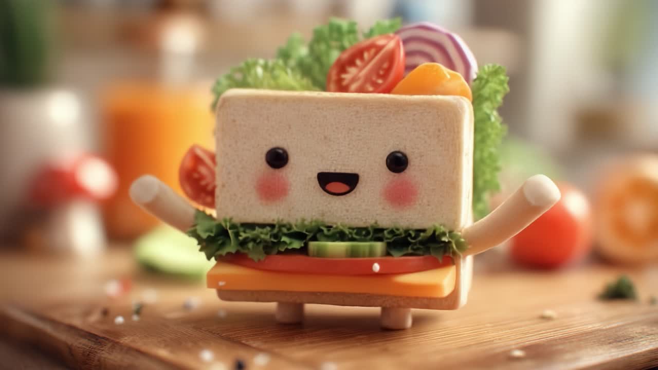 楽しそうな表情をした遊び心のあるサンドイッチキャラクター：新鮮な野菜とカラフルな食材に囲まれ、キッチンでの楽しい料理の冒険にぴったり。