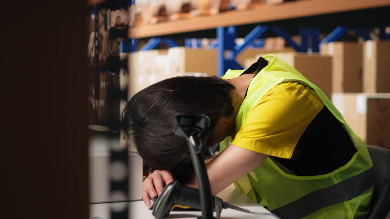 Vertical Video Tired overworked person in hi vis vest scanning shipping labels