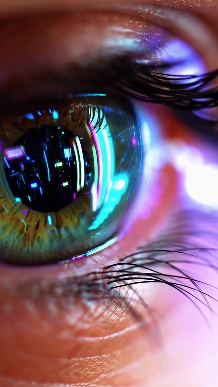 Close-up of Human Eye with Digital Data Reflections