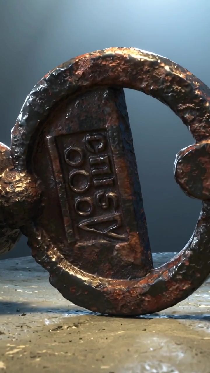 Vertical video: Rolling rusted swivel hook from tilt on worn floor, stamped tag and rust glinting