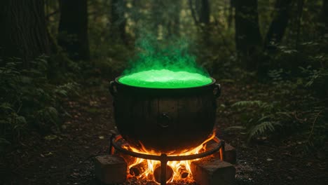 a bewitching cauldron of green mist: mysterious potions simmering in a forest setting, enigmatic and evocative atmosphere awaits adventurers and dreamers alike