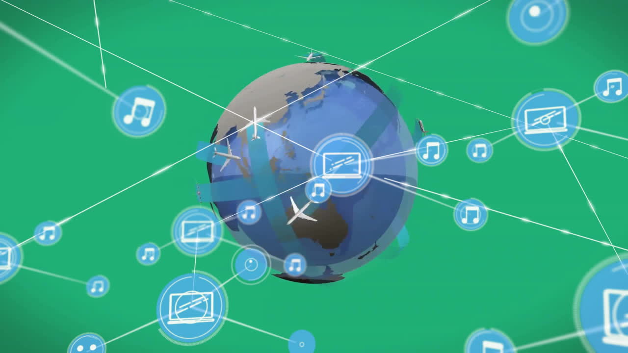 animación de la red de conexiones con iconos en todo el mundo