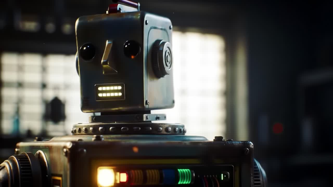 An Intriguing Robot Stands at Attention, Showcasing Vintage Design Elements and Modern Sensibilities, Captured in a Mysteriously Lit Workshop Environment