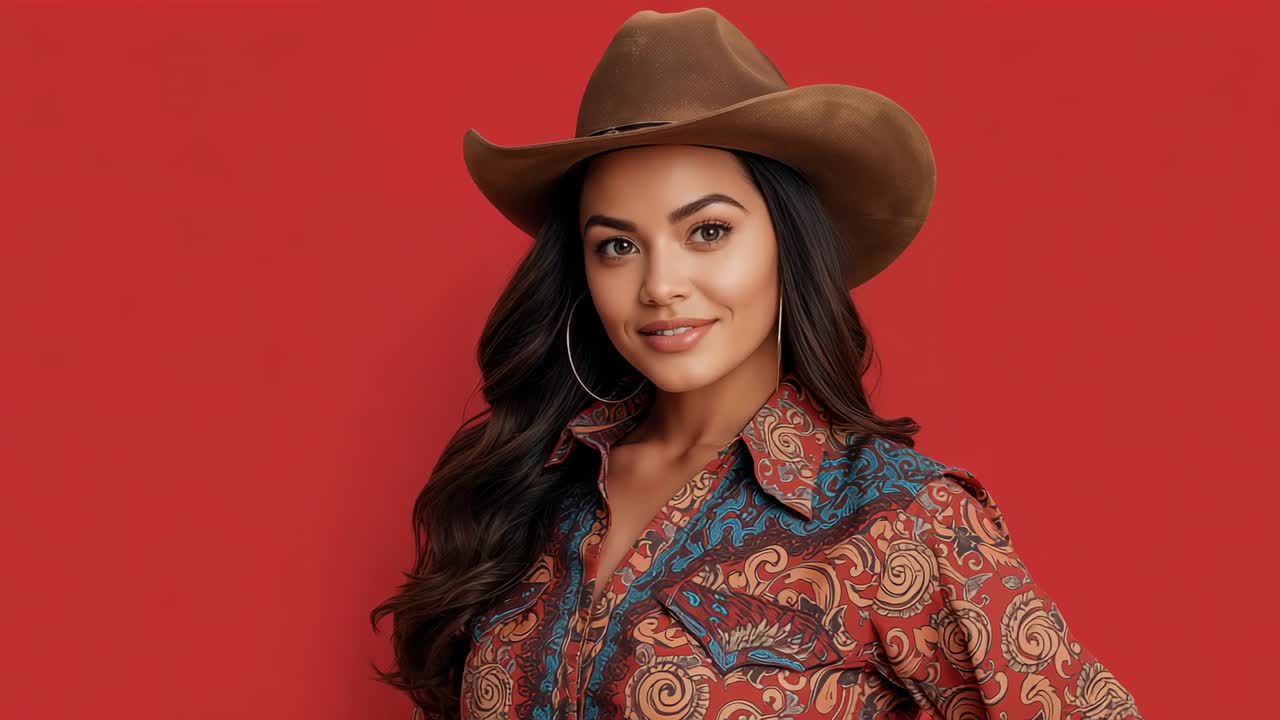 Woman wearing cowboy hat and paisley shirt in studio against red backdrop, with hoop earrings