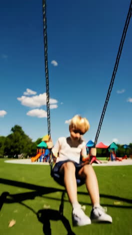 a young boy enjoying a swing at the playground