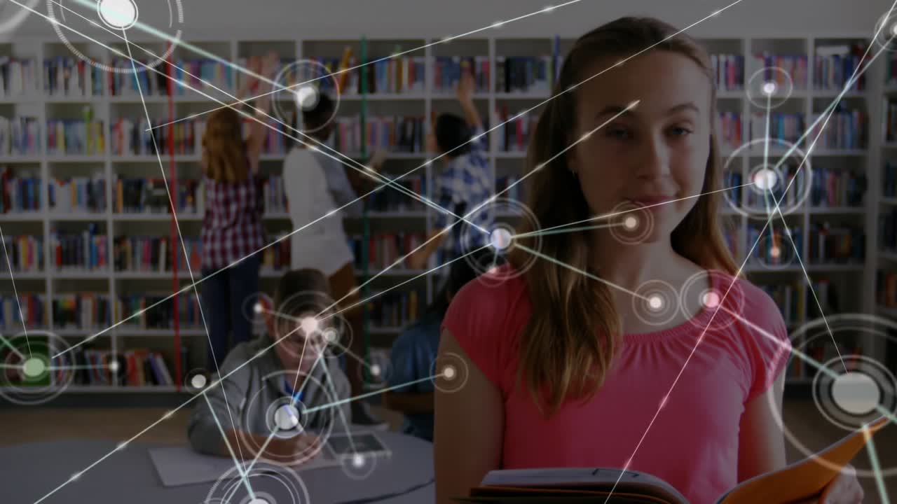 Teenage girl opening orange book in school library, growing animated network nodes linking students