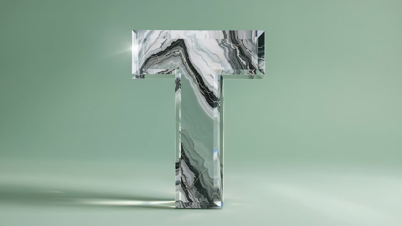 Marbled-glass letter T rotating around axis on pale green surface as time advances, showing pattern