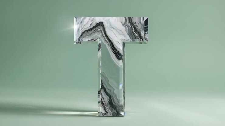 Marbled-glass letter T rotating around axis on pale green surface as time advances, showing pattern