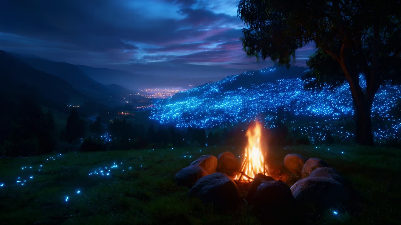 A Campfire’s Warm Glow Illuminates the Night as Mystical Blue Lights Sparkle Across the Landscape, Creating a Dreamlike Atmosphere of Peace and Tranquility under a Starry Sky