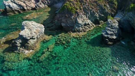 a rocky coastline with clear turquoise water and lush green vegetation , aerial view