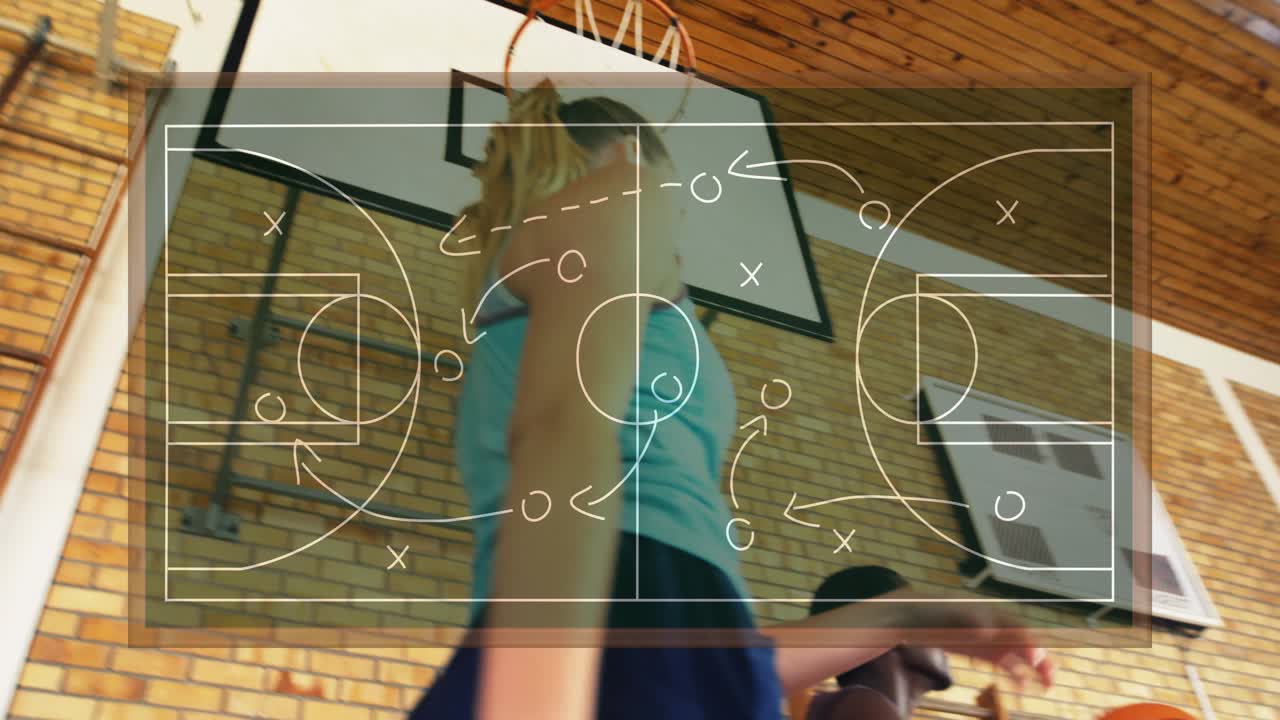 Female tipping ball at rim after male defender jumping to block, overlay tracking for training