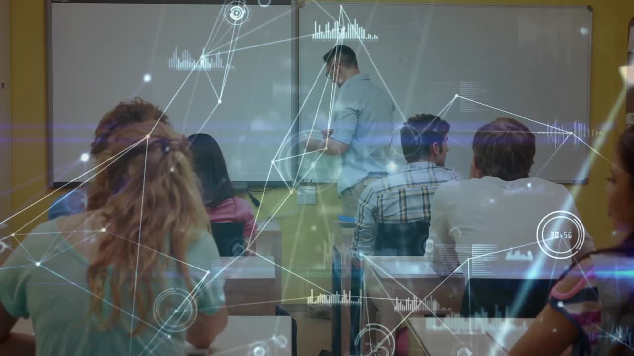 red de conexiones y procesamiento de datos contra el grupo de maestros maestros masculinos de estudiantes universitarios