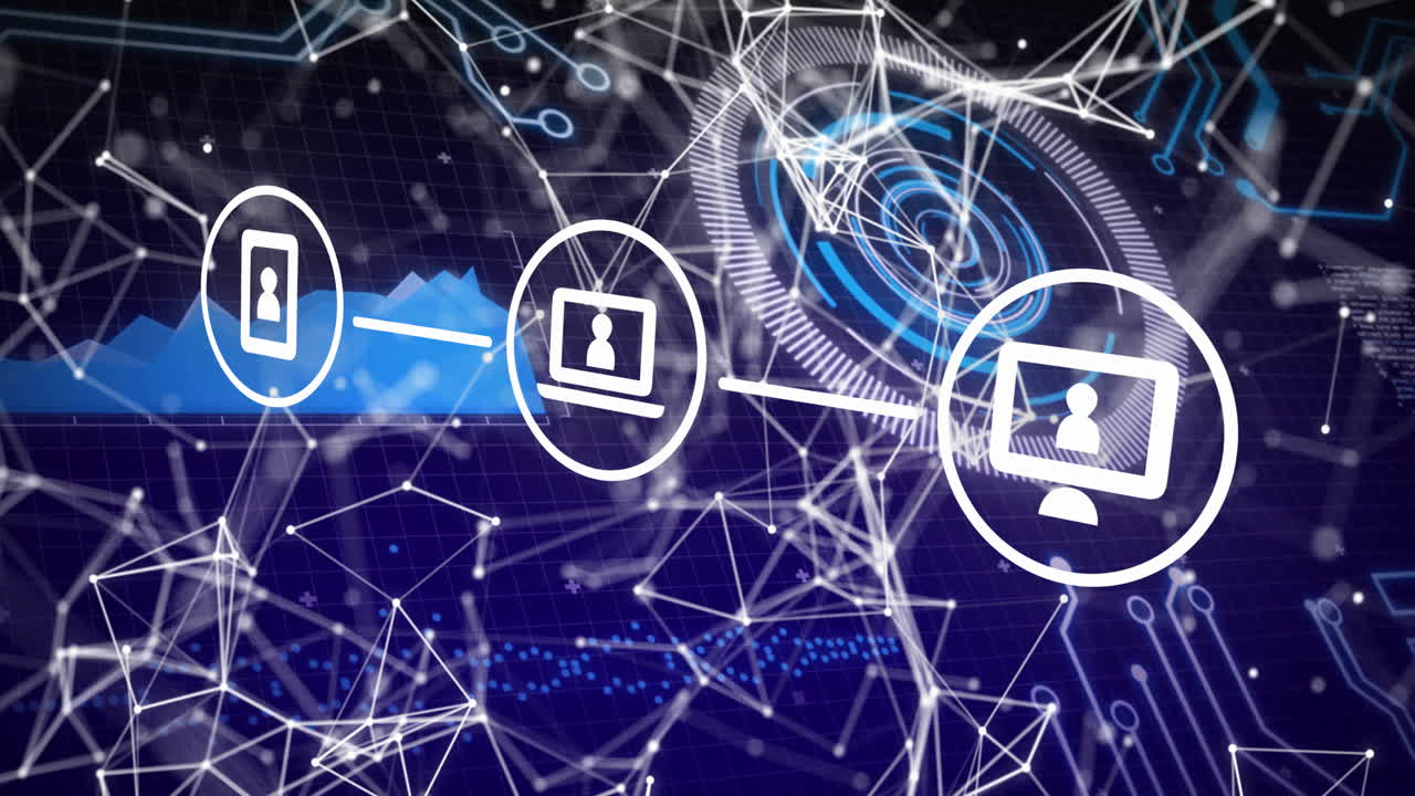 Digital interface showing network connections and data processing in animation style