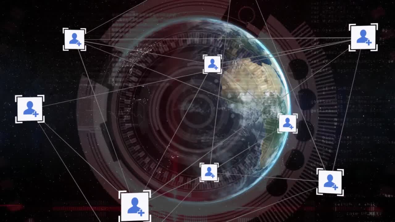 Icone di interconnessioni e globo rotante su sfondo nero