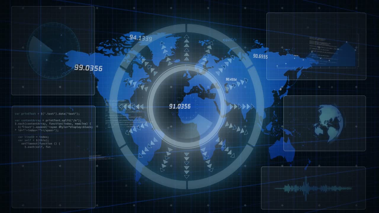 escáner redondo sobre interfaz digital con procesamiento de datos sobre el mapa del mundo sobre fondo negro