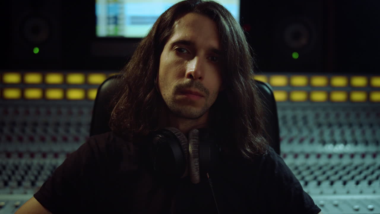 músico feliz mirando la cámara en el interior. joven mostrando el gesto de la victoria.