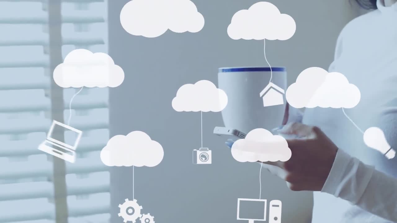 animación de nubes e iconos de medios sobre una mujer usando un teléfono inteligente