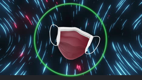animation of face mask over glowing lights on dark background
