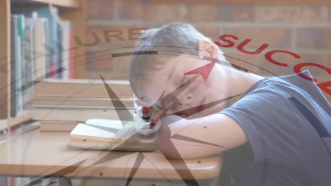 a boy is sleeping on a book in a classroom