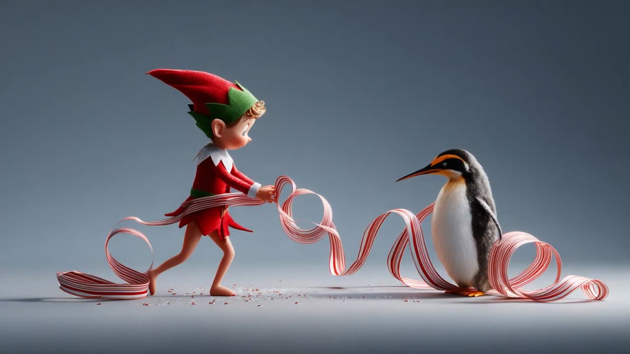 A Festive Encounter: An Elf Engaging Playfully with a Penguin as They Dance Around Striped Candy Canes in a Whimsical Holiday Scene, Celebrating Friendship and Joy