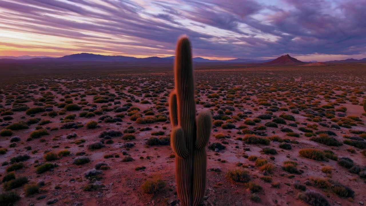 Aerial View of Saguaro Cactus in Desert at Sunset