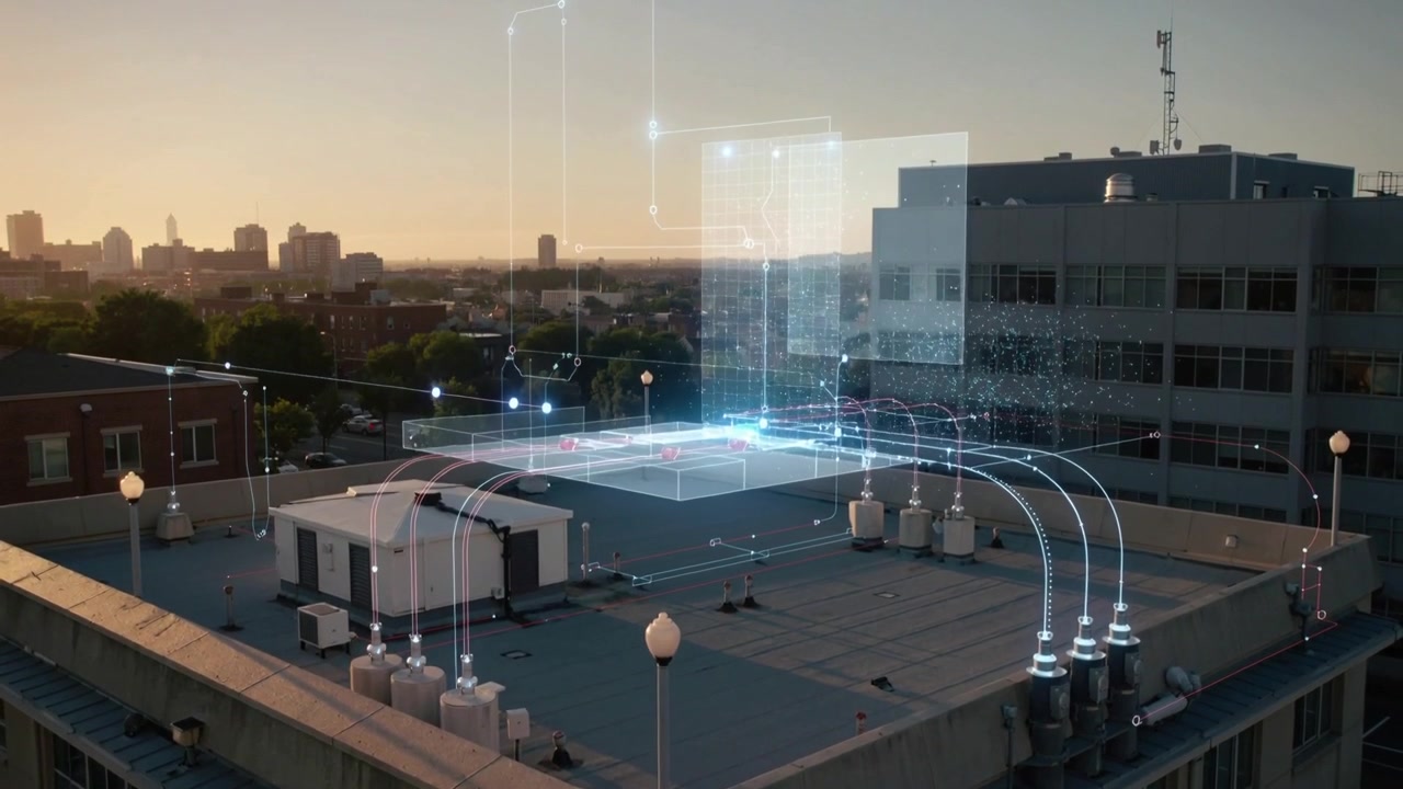 Si materializza una debole sovrapposizione digitale che collega le unità HVAC sul tetto a un blocco di dati 3D sospeso al tramonto.