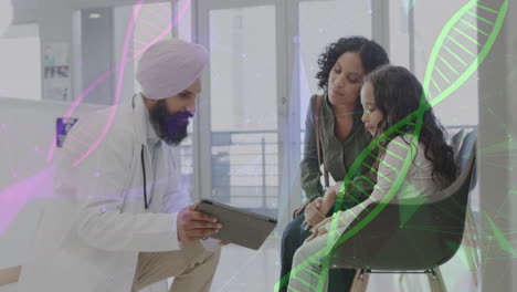 animation of data processing over asian male doctor with girl patient