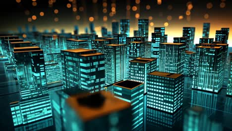 futuristic digital cityscape illuminated at night with glowing skyscrapers