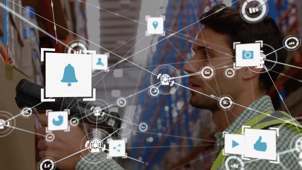 animación de la red de conexiones sobre filas de patrón móvil y hombre que trabaja en el almacén