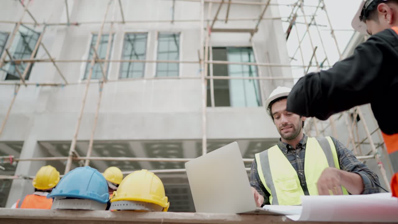 equipo profesional de ingeniero civil o arquitecto o contratista o capataz que trabaja en el negocio inmobiliario, mirando los estilos de construcción de casas en planos y controlando la construcción en el sitio del proyecto de vivienda.