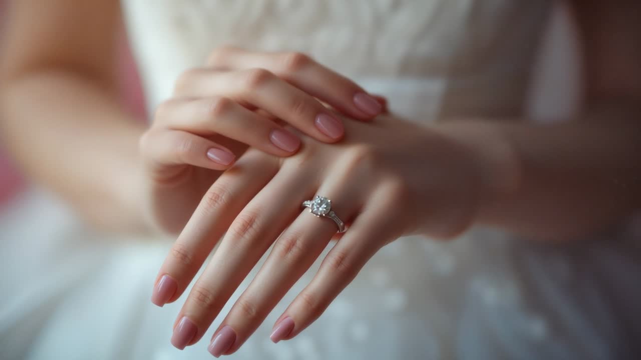 Sliding woman's hands adjusting solitaire ring at vanity after rest for wedding in white gown