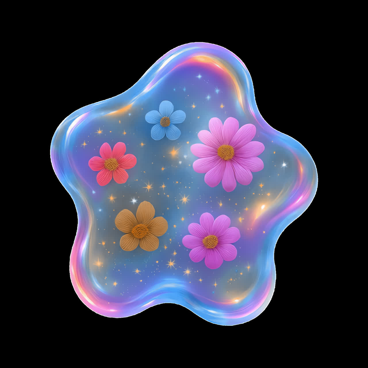 Farverige blomster i kosmisk bobleanimation, isoleret aktiv, transparent 4K-video, alfakanal