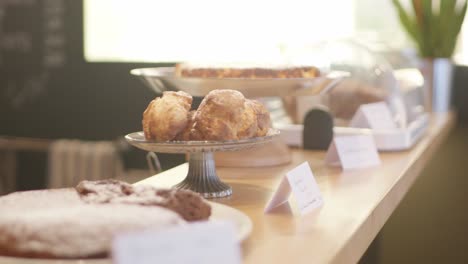 productos de respaldo orgánicos presentados en bandejas de comida en un mostrador en un restaurante con pasteles y magdalenas y una planta verde