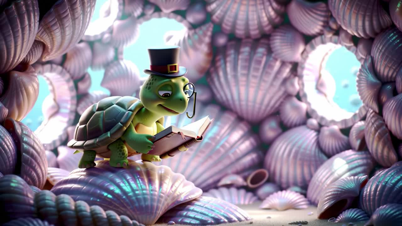 A whimsical turtle in a top hat engrossed in a book, surrounded by an enchanting sea-shell environment filled with shimmering colors and intricate textures, capturing a moment of serene imagination