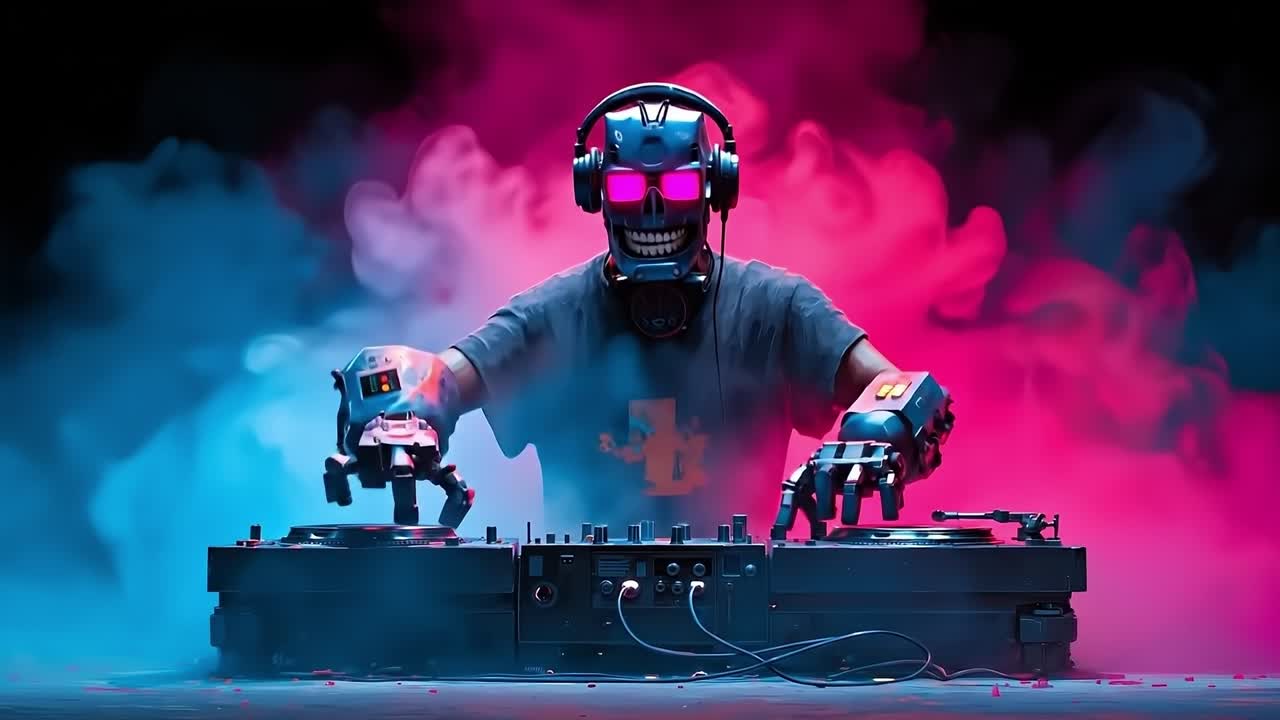 A man in a skull mask and headphones playing a dj set
