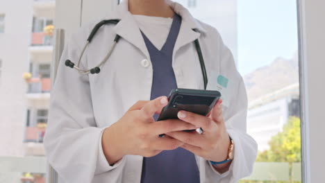 hands, phone and doctor typing message