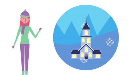 winter snowscape scene with woman and church