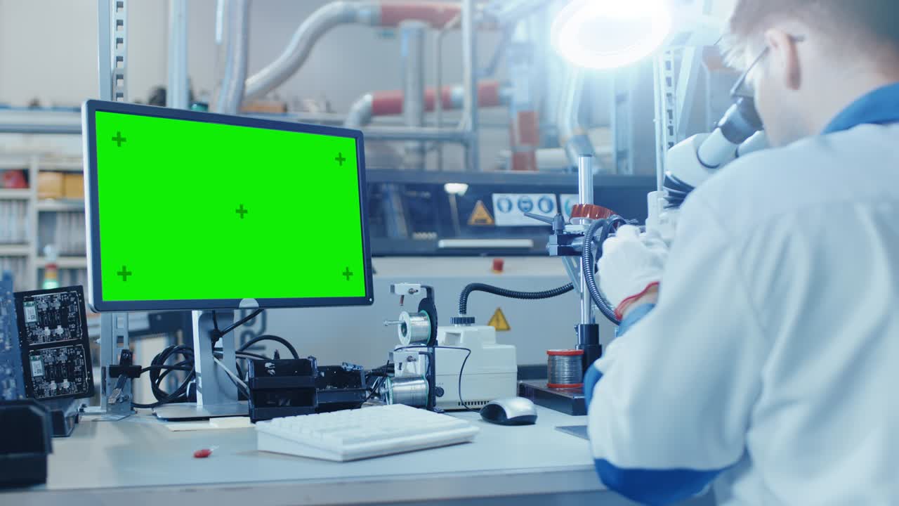 색 작업 코트를 입은 전자 공장 노동자가 디지털 현미경에 연결된 녹색 화면에서 인쇄 회로 보드를 검사합니다.