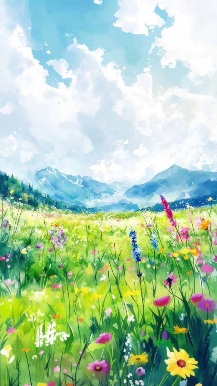 Vibrant landscape painting of a meadow with mountains, viewed from a low angle