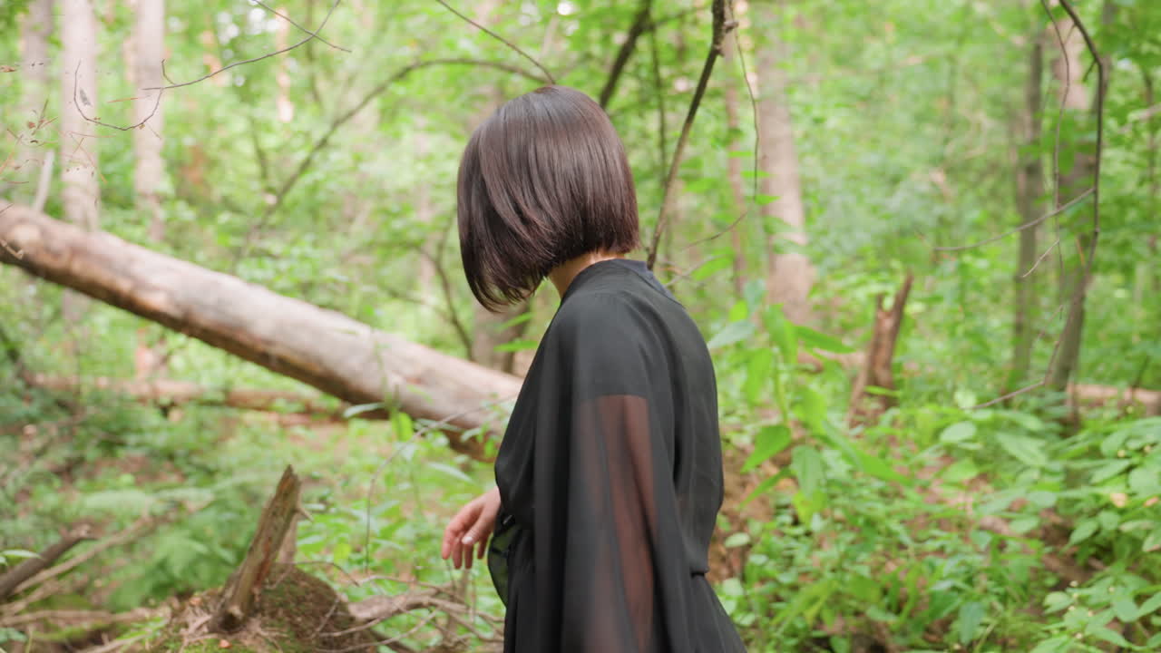 Side view of woman in black sheer dress walking through lush green forest toward fallen tree and touch the stump, sunlight glowing on leaves, evoking sense of curiosity and gentle connection