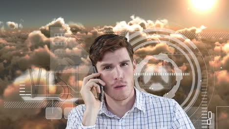 animación de un hombre usando un teléfono inteligente y una interfaz digital sobre un cielo nublado