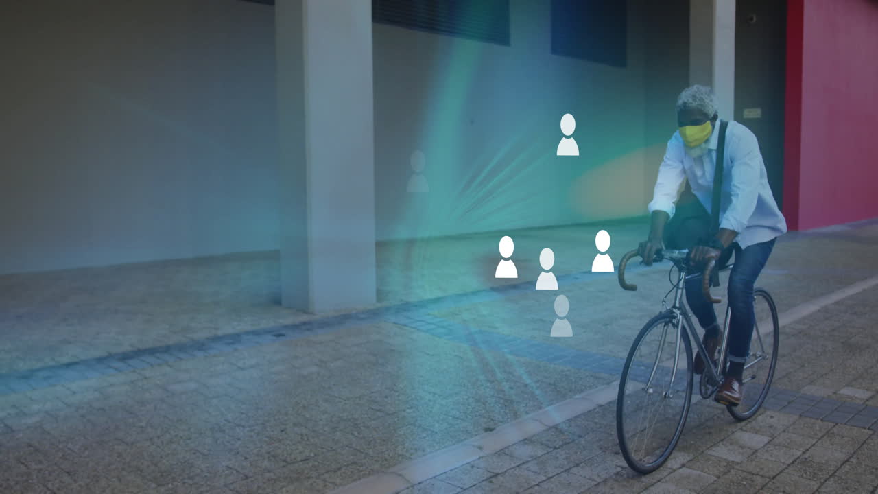 Riding bicycle on urban street, person wearing mask with animation of digital icons