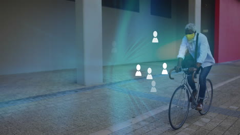 riding bicycle on urban street, person wearing mask with animation of digital icons