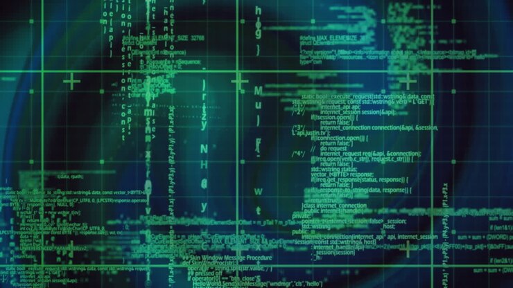 Animation of grid pattern over programming language against abstract pattern in background