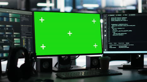 chroma key displays in server farm displaying node tree programming tool