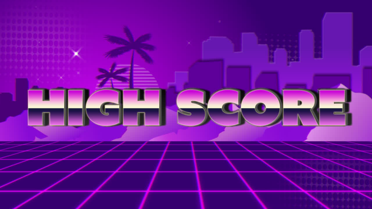 animación pantalla de videojuegos antiguos con palabras metálicas puntuación alta escrita
