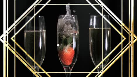 Animation-Von-Linien-Und-Rauten-über-Erdbeeren,-Die-In-Mit-Champagner-Gefülltes-Flötenglas-Fallen