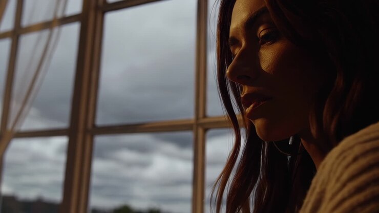 Femme près de la fenêtre au coucher du soleil